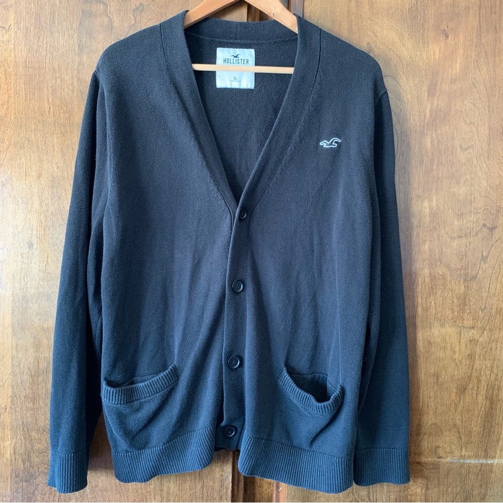 Hollister Men's Black V-Neck Button-Up Cardigan with Logo